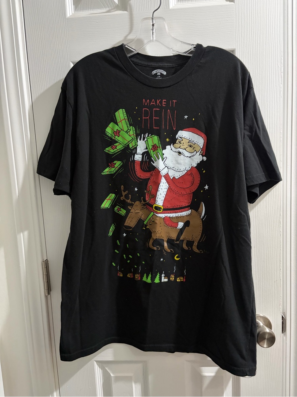 Holiday Time Black Short Sleeve Tee with Santa and Reindeer Graphic